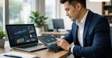 Manajer keuangan menganalisis data saat beralih dari software akuntansi ke ERP SAP Business One untuk efisiensi bisnis