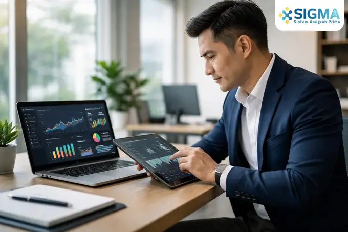 Manajer keuangan menganalisis data saat beralih dari software akuntansi ke ERP SAP Business One untuk efisiensi bisnis