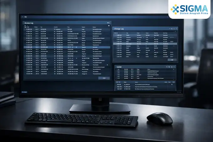 Tampilan antarmuka Access Log SAP Business One dan jendela Change Log untuk monitoring aktivitas user