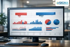 Dashboard laporan keuangan multi mata uang SAP Business One yang menampilkan perbandingan profit dalam IDR dan USD secara real-time