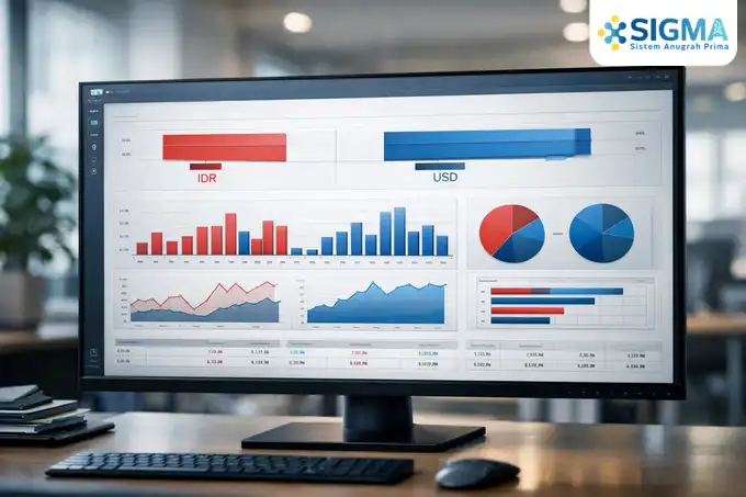 Dashboard laporan keuangan multi mata uang SAP Business One yang menampilkan perbandingan profit dalam IDR dan USD secara real-time