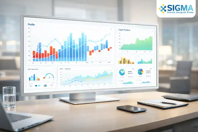Dashboard monitoring cash flow SAP Business One menampilkan grafik perbandingan laba rugi dan posisi kas real-time untuk eksekutif
