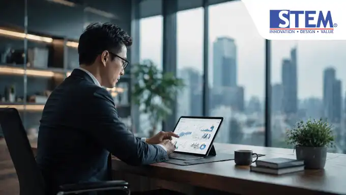 Finance Manager menggunakan dashboard SAP Business One untuk memantau proses tutup buku akhir tahun perusahaan yang akurat