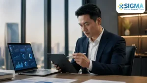 Finance Manager menggunakan dashboard SAP Business One untuk memantau proses tutup buku akhir tahun perusahaan yang akurat